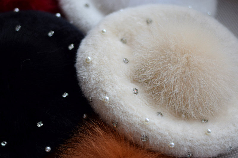 Rhinestone Mink-like Wool Beret Japanese Style Sweet And Cute Painter Cap