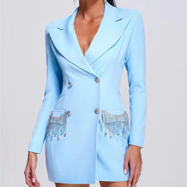 Women's Long-sleeved V-neck Tassel Diamond Suit