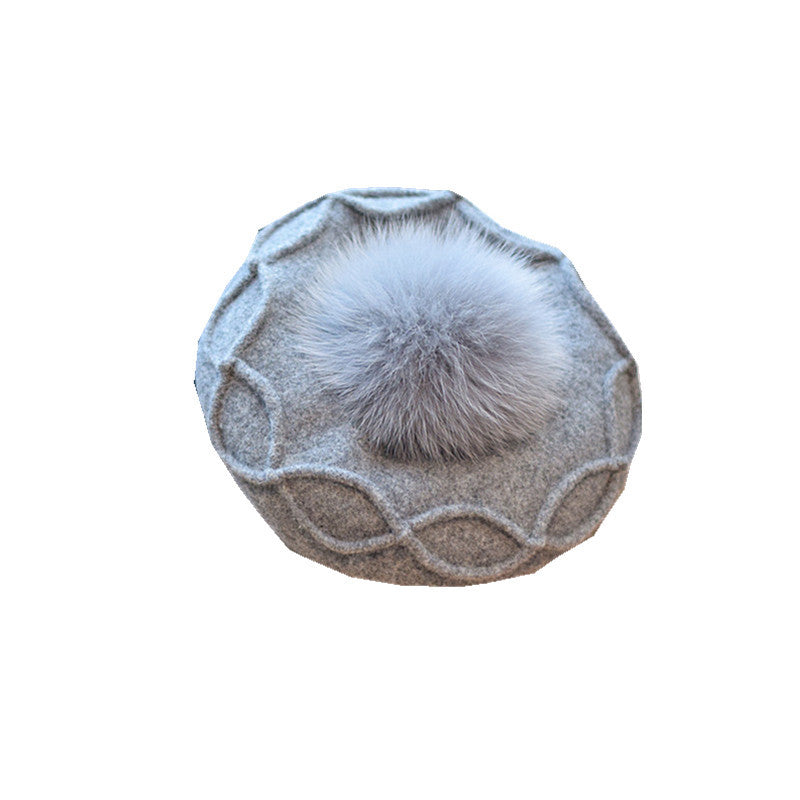 Fox Fur Ball Beret Wool Retro Easy Matching Hat