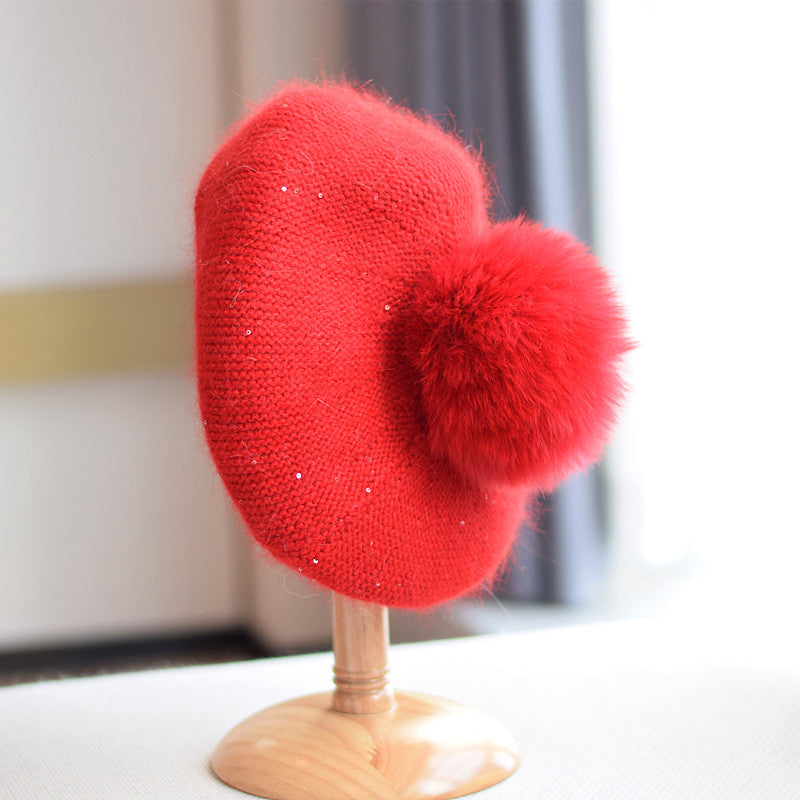 Rabbit Hair Knitted Sequin Beret