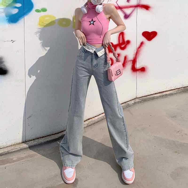 Women's Wide-leg Cuffed Light-colored Straight Mop Jeans