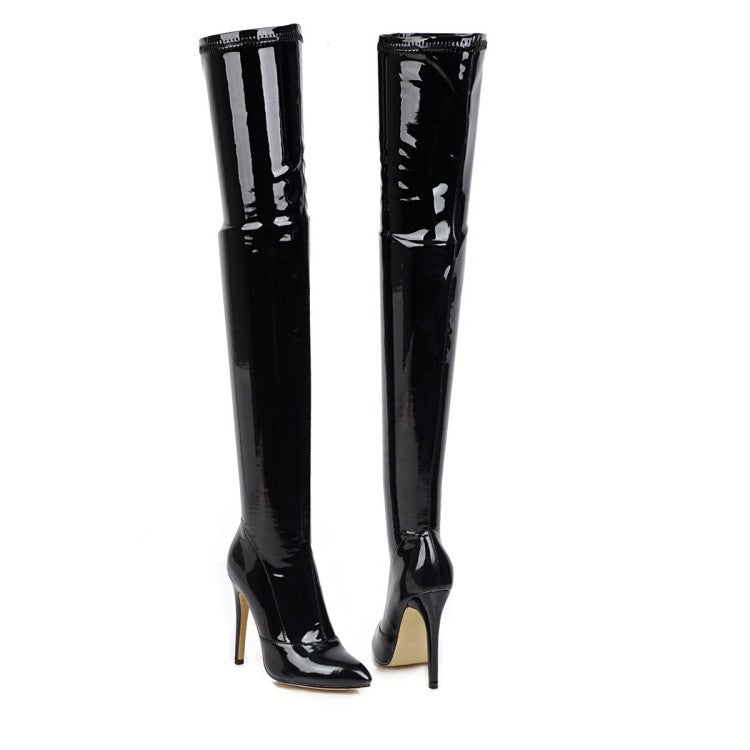 Over The Knee Boots Patent Leather High-heel Boots Women's Large Size Shoes