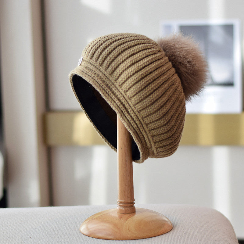 Fox Fur Ball Knitted Beret Women's Autumn And Winter All-matching British Vintage Wool Painter Cap