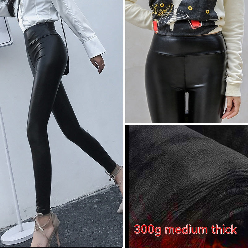 Pantalones de cuero Leggings gruesos de cuero PU de cintura alta de talla grande para mujer