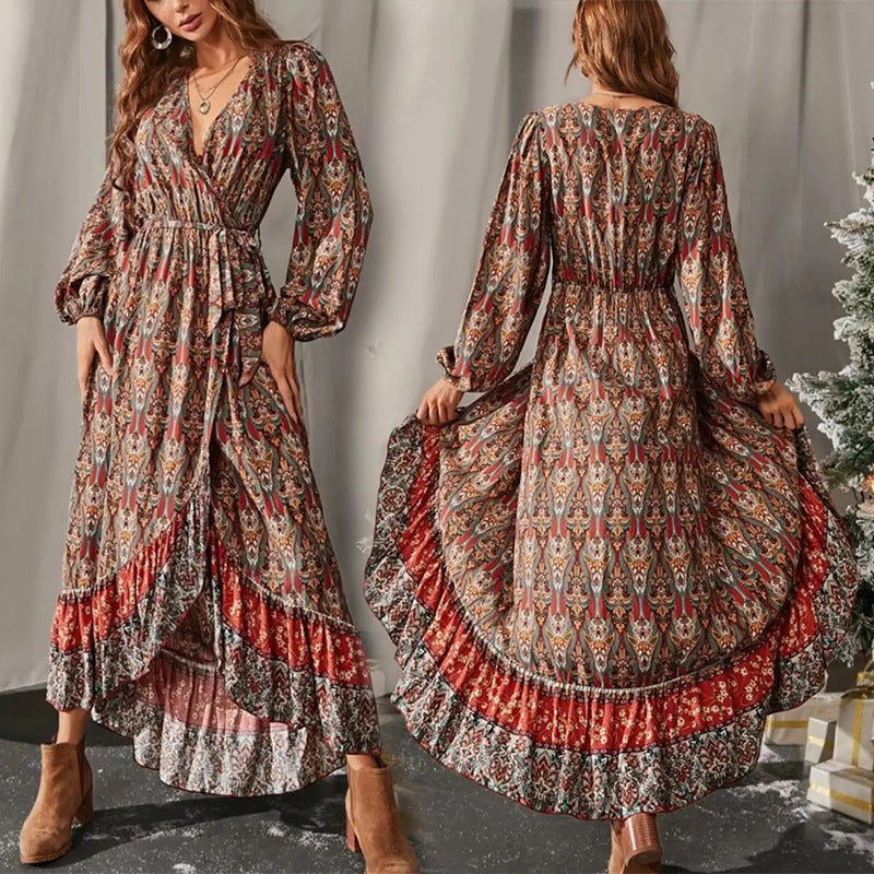 Women's Fashion V-neck Long Sleeve Printed Dress