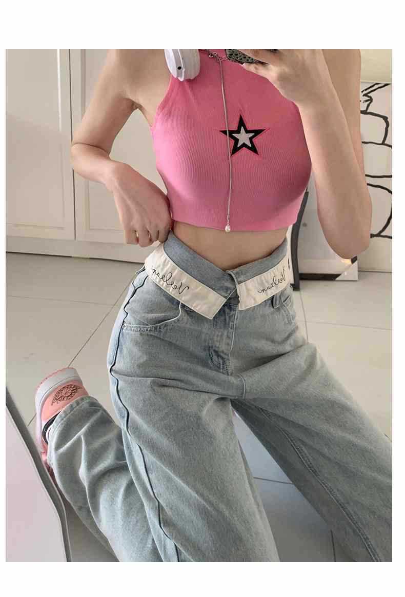 Women's Wide-leg Cuffed Light-colored Straight Mop Jeans