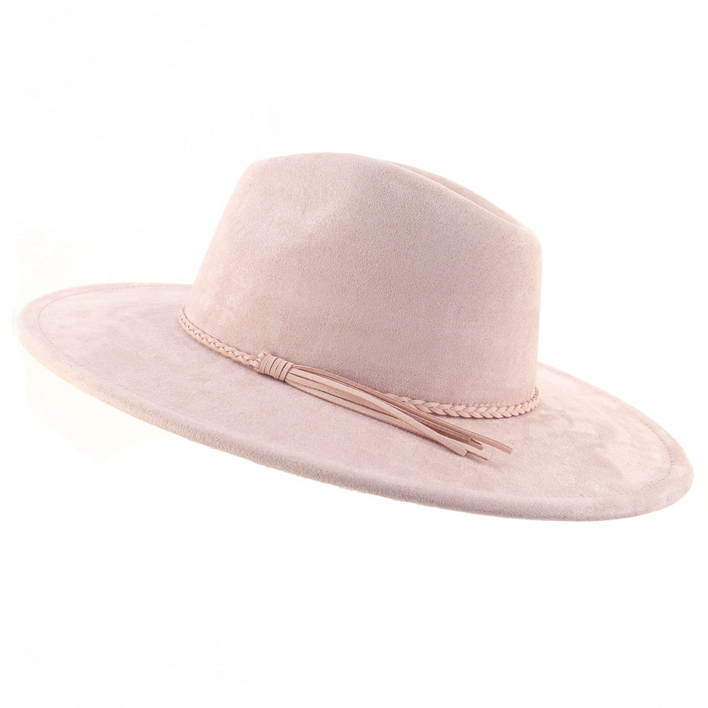 Sombrero Jazz de mujer con ala de ante color melocotón y borlas de 10 cm