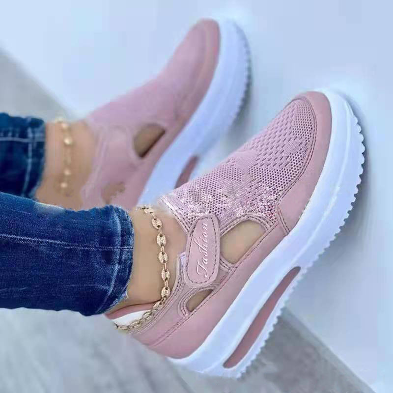 Women's Light Color Blocking Velcro Thick Bottom Breathable Large Casual Shoes