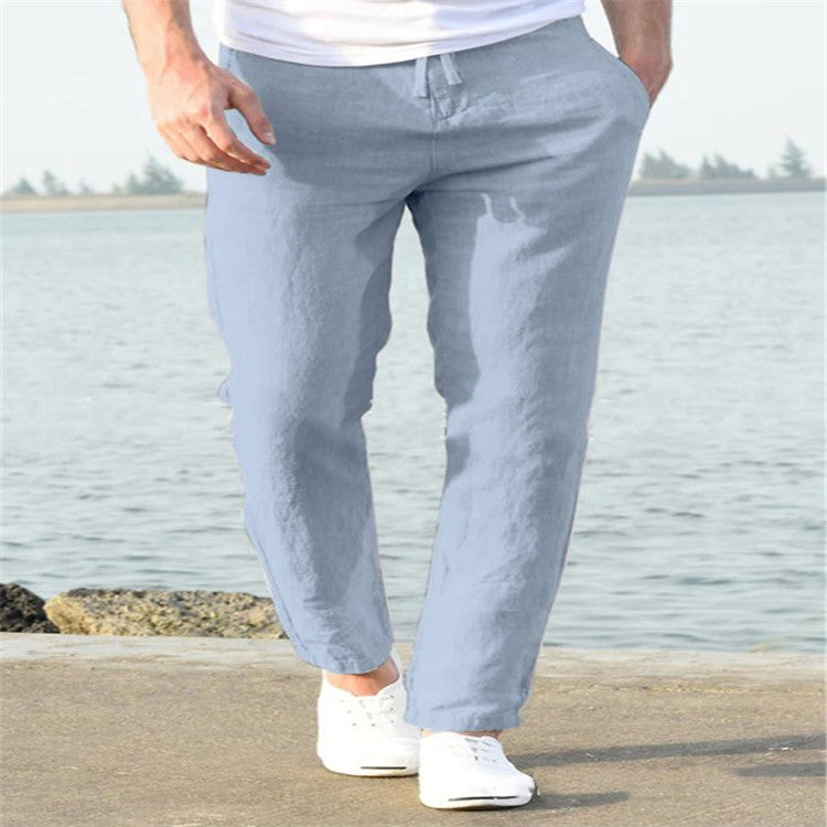 Pantalones casuales de verano de lino para hombre Pantalones con cordón