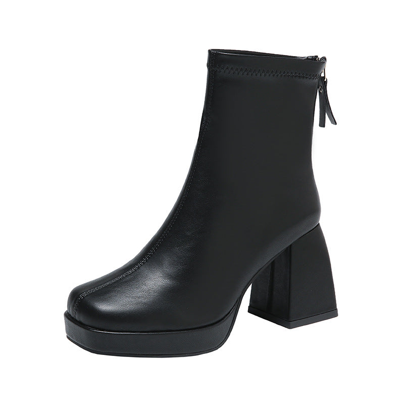 Square Head Thick Heel Back Zipper High Heel Boots