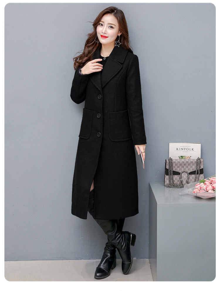 Fashionable Over-the-knee Woolen Women's Slim And Slim Long Woolen Coat