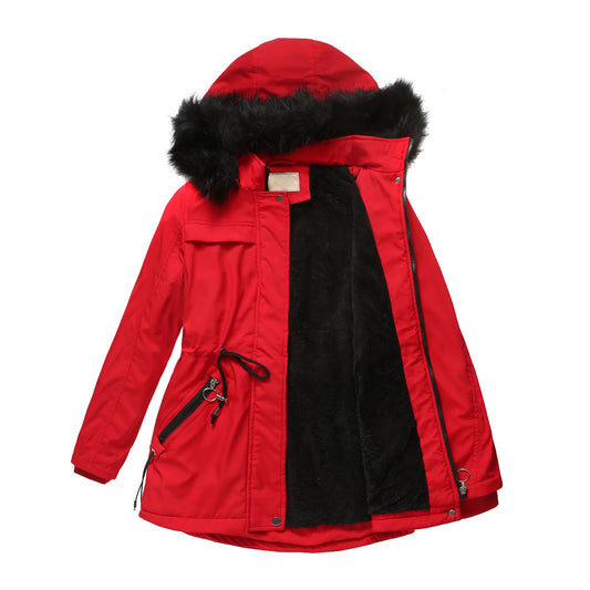 Pure Color Winter Ladies Cotton-padded Coat With Detachable Hood And