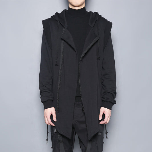 Dark Black Zipper Fake Two Piece Hooded Cross Strap Casual Coat