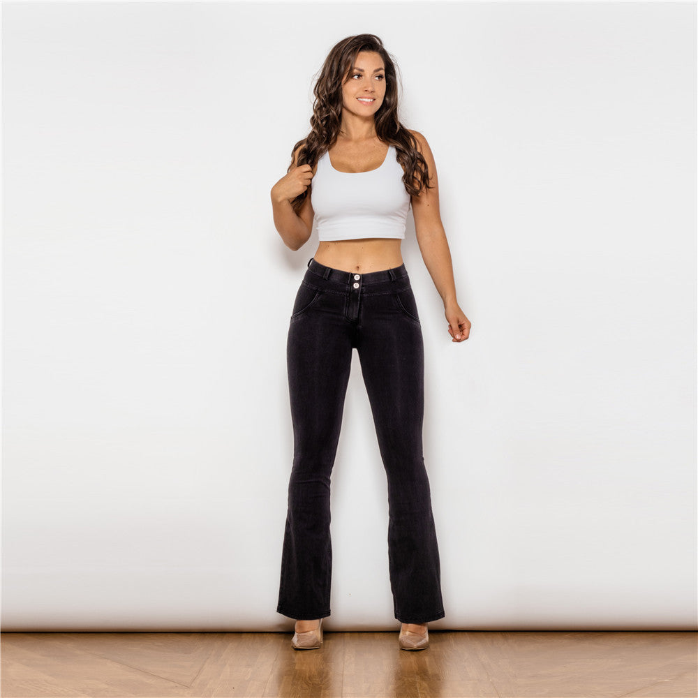 Straight Peach Jeans Black Elastic Mid-waist Wide Leg Butt-lift Underwear