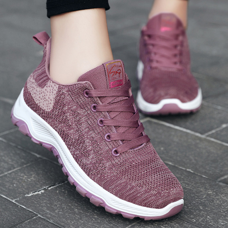 Shoes Women Breathable Flying Woven Soft Soled Running Shoes Lace Up Sneakers Women