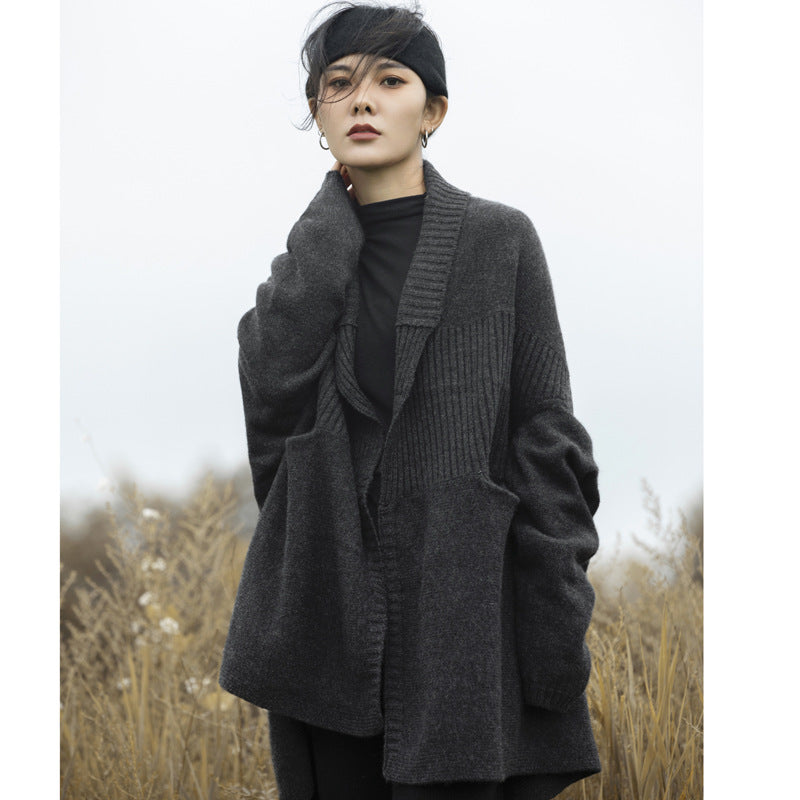 Lapel Drop Shoulder 100 Pure Wool Cardigan Coat Mid-length Autumn And Winter Thickened Heavy Knitted Cape Sweater