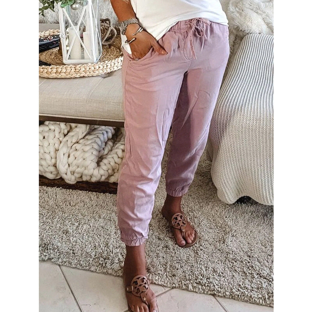 Pantalones casuales con bolsillo y cintura elástica de color puro para mujer