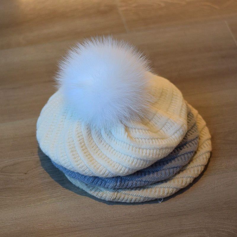 Fox Fur Ball Knitted Beret