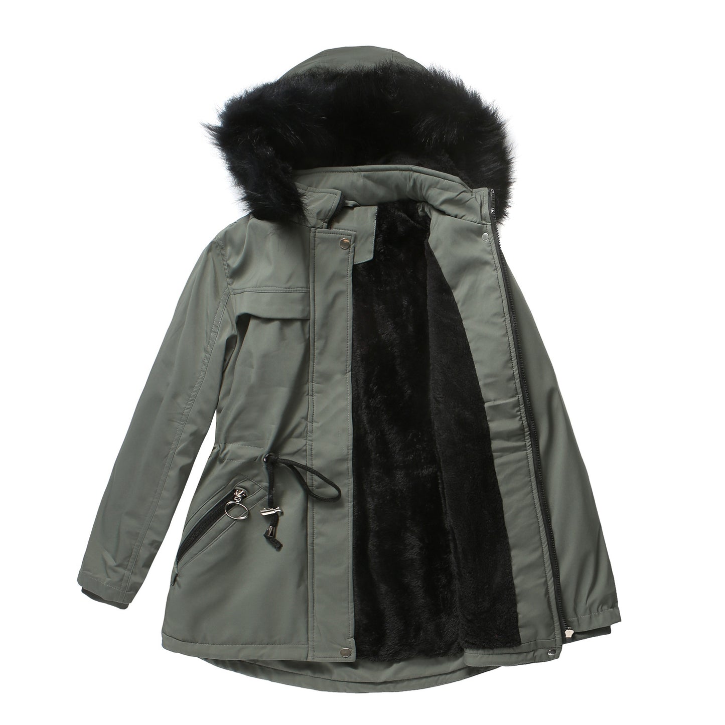 Pure Color Winter Ladies Cotton-padded Coat With Detachable Hood And