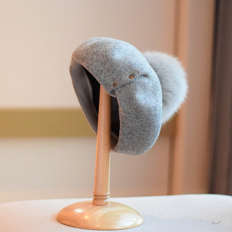 Wool Beret Women's Fur Ball Fashion Painter Cap