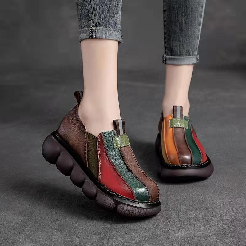 Nueva moda Bloques de color Estilo étnico Punta redonda Zapatos de suela gruesa