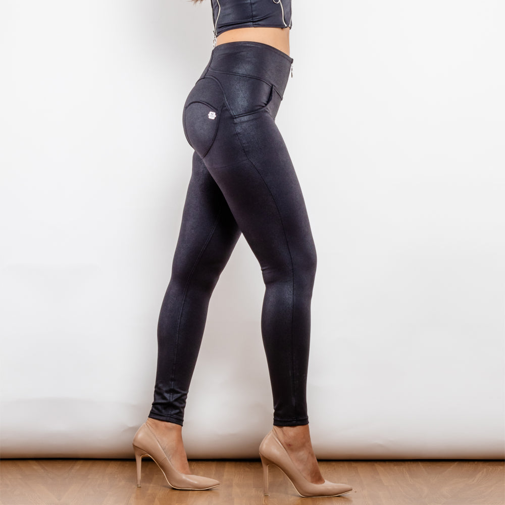 Shascullfites Melody cintura alta Crackle pantalones de elevación recubiertos negros anillo con cremallera Leggings de realce de trasero Leggings Push Up