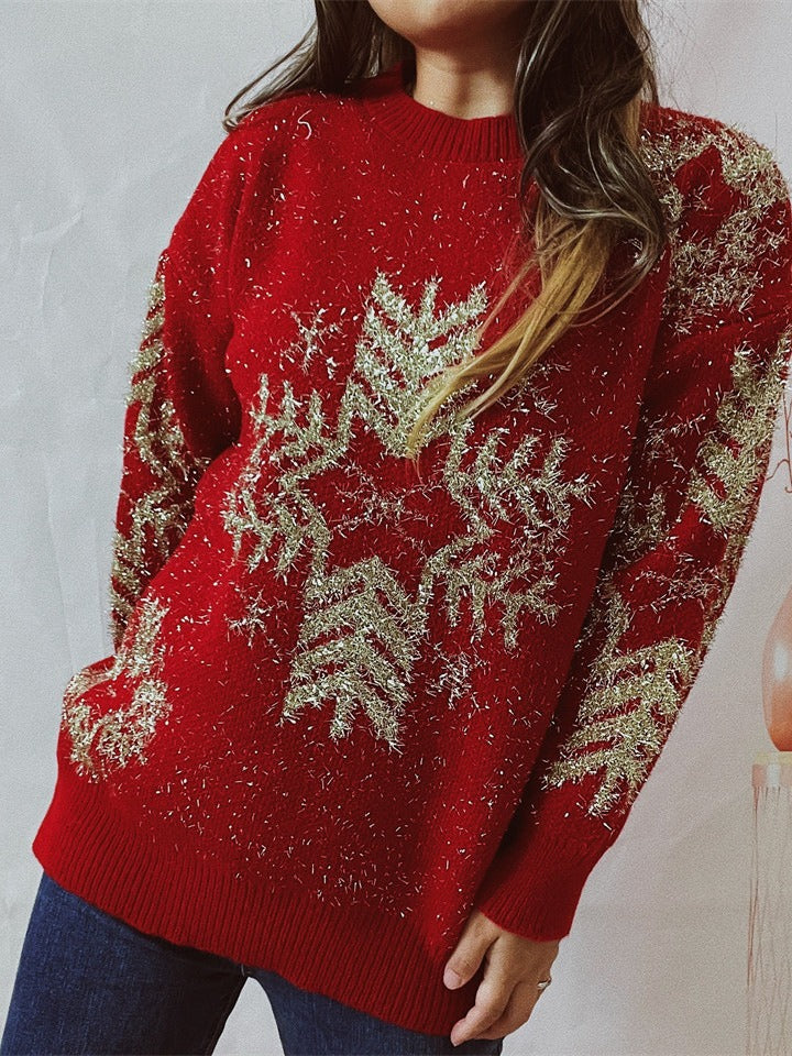 Women's Fashion Loose Gold Line Large Snowflake Christmas Sweater