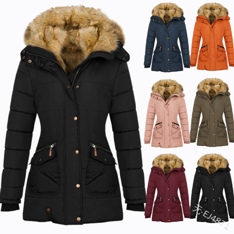 Long Sleeved Pocket Decorated Waist Warm Cotton Padded Jacket