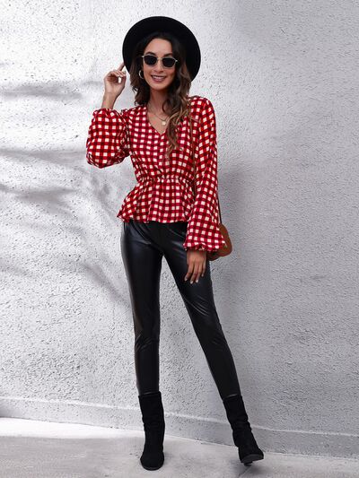 Plaid V-Neck Balloon Sleeve Peplum Blouse